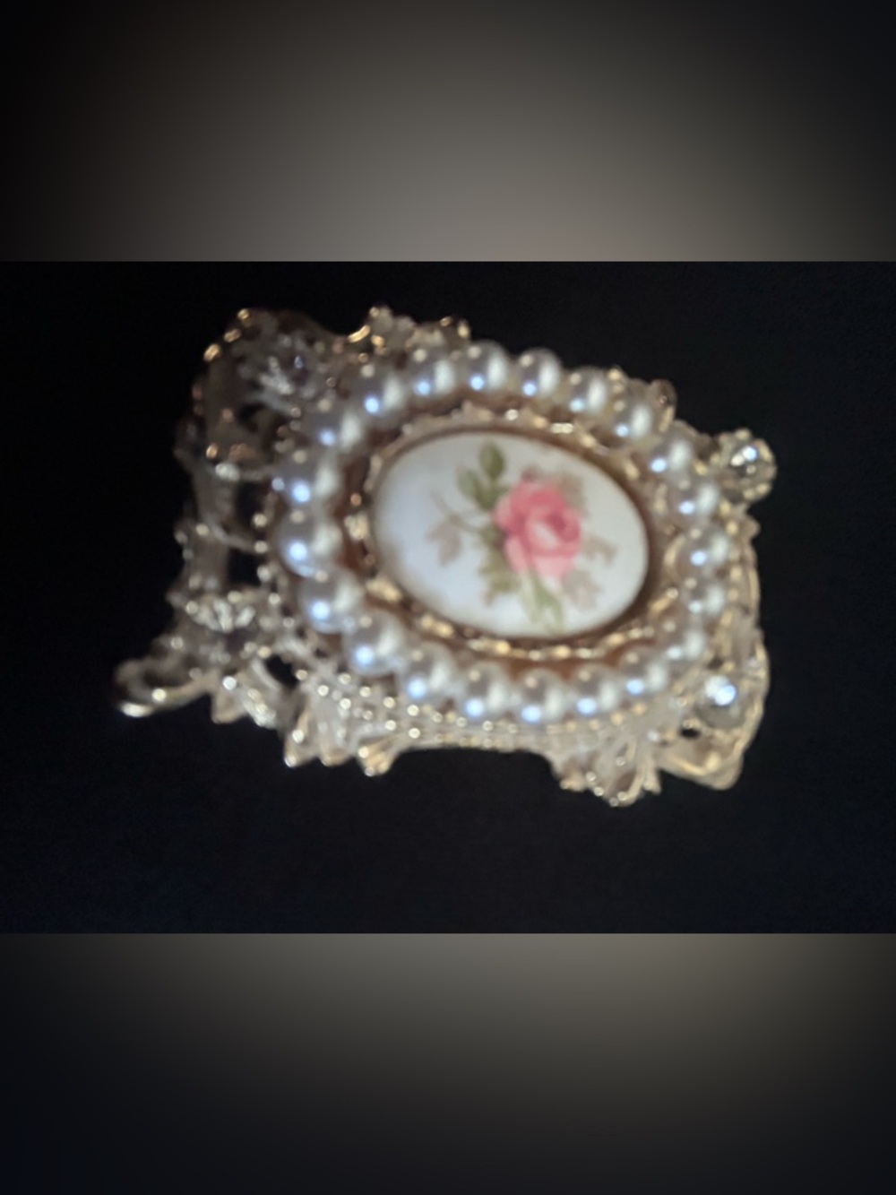 Vintage Floral Pink Rose Cameo Brooch with Pearled Frame